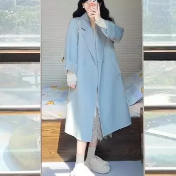 Шерстяное пальто женское средней и длинной длины 2024 осень-зима новое тонкое шерстяное пальто на шнуровке в стиле Хепберн S