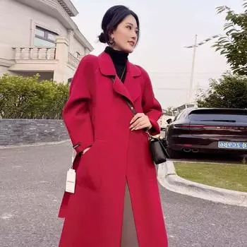 Шерстяное пальто женское средней и длинной длины до колена весеннее, осенне-зимнее двухстороннее кашемировое шерстяное пальто с высокой талией S [recommended 80-47.5kg]