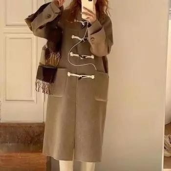 Шерстяное пальто женское студенческое корейская версия свободное модное пальто с коровьим рогом средней длины утолщенное женское пальто Y2K осень и зима S дубильная кора