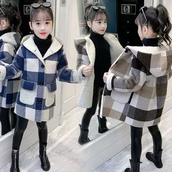 Шерстяное пальто, зимнее флисовое зимнее пальто в клетку для средних и больших детей 110 синий