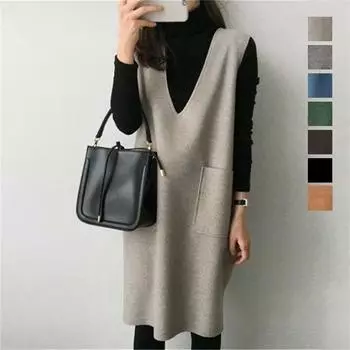 Шерстяное платье-майка без рукавов, женские осенне-зимние однотонные свободные платья-миди с жилетом и нижней частью M чёрный