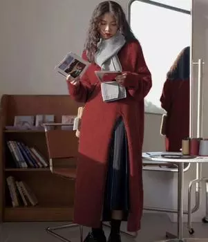 Шерстяное платье с разрезом в стиле ретро, женское осеннее белое однотонное мягкое длинное трикотажное платье с круглым вырезом, женская одежда, зимний трикотаж, шикарный One Size бежевый