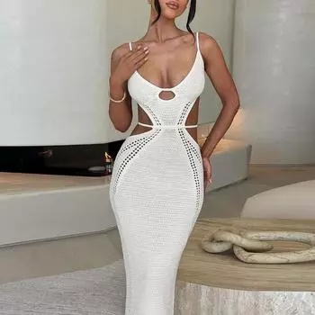 Шерстяное плетеное сексуальное ажурное платье с открытой спиной и шнуровкой, длинное облегающее платье с бретелью через шею для женщин S белый