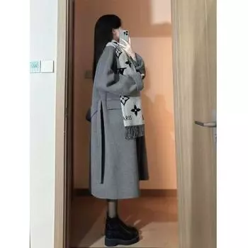 Шерстяное серое пальто в стиле костюма Хепберн для женщин на осень и зиму для пожилых людей, очень красивое длинное шерстяное пальто в корейском стиле S серый