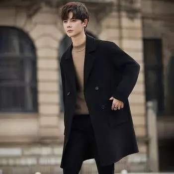 Шерстяное шерстяное новое мужское длинное пальто без кашемира, новая корейская версия, двухстороннее, высокого класса, Sense M чёрный