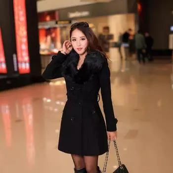 Шерстяное женское пальто корейской версии двубортное среднее и длинное шерстяное пальто с меховым воротником M белый