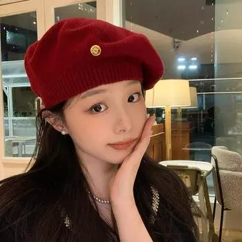Шерстяной белый красный берет женский осенне-зимний интернет знаменитость мода художник шляпа ретро высокий смысл вязаная шапка One Size (54-59cm) бордовый