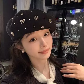 Шерстяной берет женский 2024 новый осень и зима ручная работа бабочка маленький цветок стразы художник шляпа трехмерное лицо маленький Average Size (54-59cm)