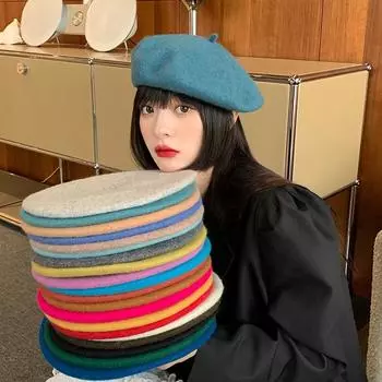 Шерстяной берет женский ретро большой головной убор черный художник осень и зима шерсть шерсть шерстяная шерстяная шапка Bud Cap 57