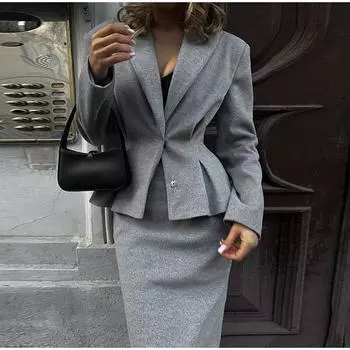 Шерстяной пиджак, пальто, юбка, комплекты, женская облегающая куртка на молнии, юбка, костюмы из 2 предметов, женские элегантные утолщенные наряды S серый