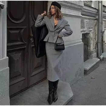 Шерстяной пиджак, пальто, юбка, комплекты, женский пиджак с застежкой-молнией, тонкий пиджак, юбка, костюмы из 2 предметов, женский, 2025, новый элегантный утолщенный комплект на весну и осень S серый