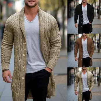 Шерстяной плащ для мужчин, весенне-осенняя вязаная куртка-кардиган, повседневное пальто S чёрный