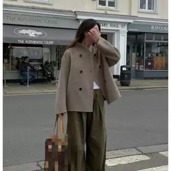 Шерстяной плащ, зимняя мода для женщин, свободные винтажные ветровки, куртки с воротником-стойкой, двубортный теплый шерстяной кардиган S серый