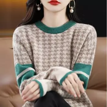 Шерстяной пуловер, свитер на осень и зиму с круглым вырезом, тысяча птиц, жаккардовый цветной контрастный свитер, женский пуловер, свитер One Size зелёный