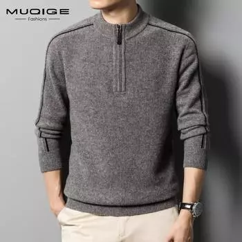 Шерстяной свитер, мужской зимний теплый мужской кашемировый свитер, вязаный свитер с половиной водолазки на молнии S чёрный