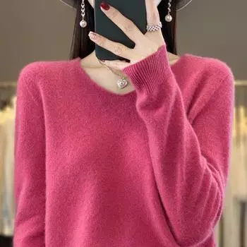 Шерстяной свитер, однотонный базовый свитер, женский осенне-зимний вязаный свитер с длинными рукавами, свободный топ M бежевый