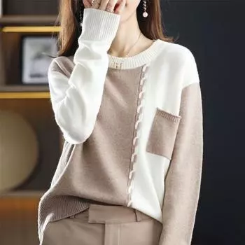 Шерстяной свитер, пуловер, женский осенний новый свитер с круглым вырезом, свободный вязаный свитер, повседневная одежда, модный свитер, пуловер в западном стиле One Size хаки