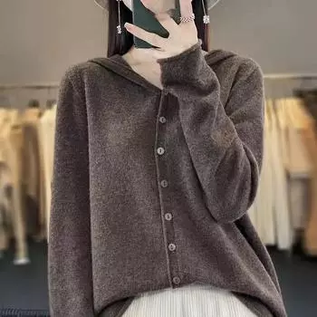Шерстяной свитер женский кашемировый кардиган трикотаж свободная толстовка с капюшоном одежда Aliselect весна осень комфорт топы S