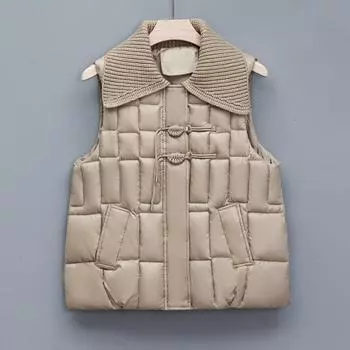 Шерстяной воротник, пуховый хлопковый жилет для осени и зимы, новый женский модный короткий универсальный жилет для верхней одежды, свободный жилет в иностранном стиле M чёрный