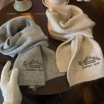 Шерстяной вязаный шерстяной шарф женский сезон японский теплый студенческий парный шарф с вышитыми буквами Корея хаки