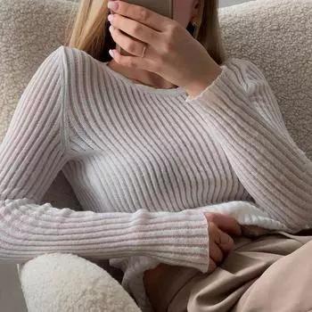 Шерстяной вязаный свитер для женщин, полая сексуальная нижняя рубашка с круглым вырезом, тонкий эластичный тонкий пуловер, блузка для женщин S белый