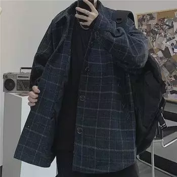 Шерстяной жакет унисекс в стиле ретро из корейской клетчатой ткани — свободный крой, модный гонконгский стиль для пар. 2XL синий