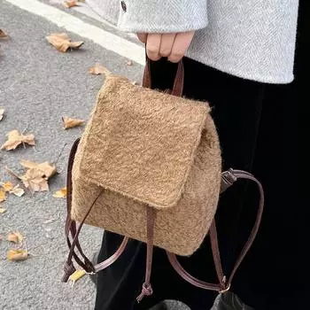 Шерстяной зимний повседневный модный большой емкости простой маленький свежий популярный женский рюкзак с двойным плечом серый