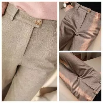 Шерстяные брюки, женские шаровары-карандаш, осень-зима, повседневные брюки с высокой талией, офисные женские брюки S серый