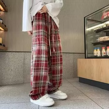 Шерстяные клетчатые брюки с флисовой подкладкой, классические винтажные черные повседневные прямые брюки с высокой талией, утягивающие расклешенные брюки для мужчин и женщин M чёрный