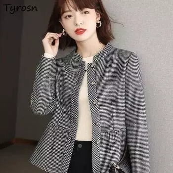 Шерстяные куртки женские L-5XL с узором «гусиные лапки» и воротником-стойкой, простые универсальные ретро тонкие корейские стильные женские весенние повседневные шикарные куртки L