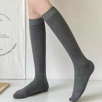 Шерстяные носки до середины икры, женские осенние и зимние утолщенные теплые чулки, простые однотонные универсальные верхние чулки в японском стиле, носки в студенческом стиле серый