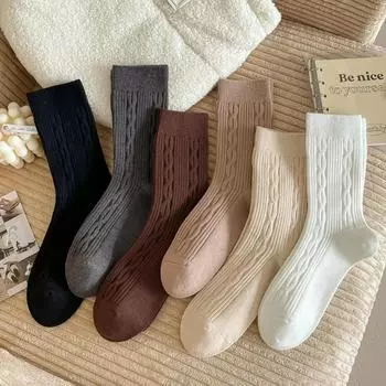 Шерстяные носки, женские осенне-зимние кашемировые толстые теплые напольные длинные носки для сна, японские модные однотонные терможенские носки