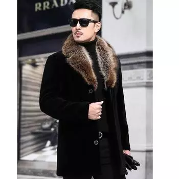 Шерстяные пальто Мужские однобортные шерстяные тренчи средней длины Шерстяные пальто с меховым воротником 5XL чёрный