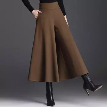 Шерстяные широкие брюки, женские осенне-зимние брюки с высокой талией, свободные брюки больших размеров, брюки-юбка M хаки
