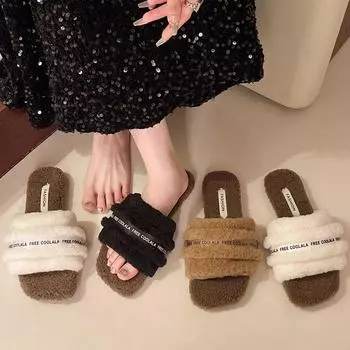 Шерстяные тапочки Женская одежда 2024 Осень Новая корейская мода Толстая подошва Домашние цветные комбинированные хлопковые тапочки 35 хаки