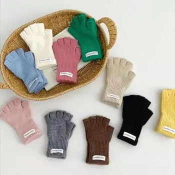 Шерстяные теплые детские перчатки без пальцев для мальчиков и девочек, шикарные, простые, конфетного цвета, студенческие перчатки, осенне-зимние, полупальцевые перчатки серый