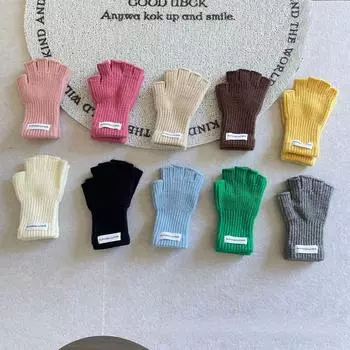 Шерстяные теплые детские перчатки без пальцев для мальчиков и девочек, шикарные, простые, конфетного цвета, студенческие перчатки, осенне-зимние, полупальцевые перчатки серый