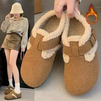 Шерстяные туфли с толстой подошвой, женская верхняя одежда, ретро-туфли боккен, осенне-зимние новые теплые хлопковые туфли, нескользящие зимние ботинки 35 коричневый