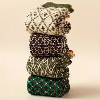 Шерстяные зимние носки для женщин с геометрическим узором, удобные и мягкие носки средней длины, женские чулки и чулочно-носочные изделия