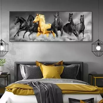 Шесть бегущих черных и золотых лошадей, животные, постеры и принты, художественная картина на холсте, настенная живопись для гостиной, классическая фреска без рамки 20*40cm