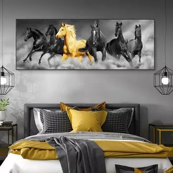 Шесть бегущих черных и золотых лошадей, животные, постеры и принты, художественная картина на холсте, настенная живопись для гостиной, классическая фреска без рамки 20*40cm No Frame