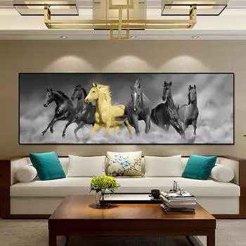 Шесть бегущих черных и золотых лошадей, животных, холст, картина, настенные художественные постеры и принты для декора гостиной, спальни, без рамки 20cm40cm NoFrame