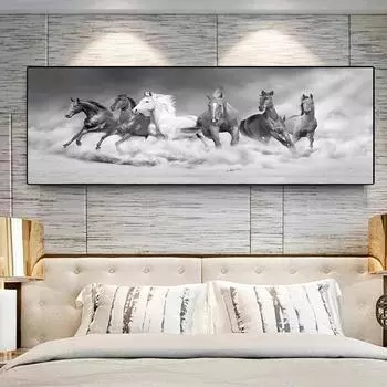 Шесть бегущих черных и золотых лошадей, животных, холст, картина, настенные художественные постеры и принты для декора гостиной, спальни, без рамки, без рамки 20*40cm