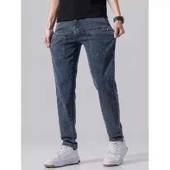 Шесть карманов весна осень мужские джинсовые эластичные прямые брюки с несколькими карманами повседневные брюки модные ретро рабочие брюки 28 темно-синий