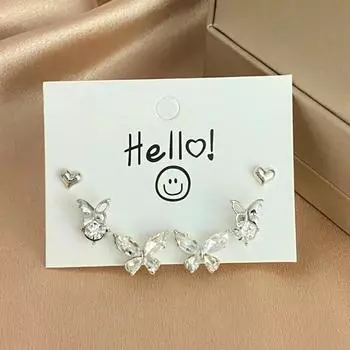 Шестичастные женские серьги уникального дизайна с геометрическим узором в виде бабочки и циркона