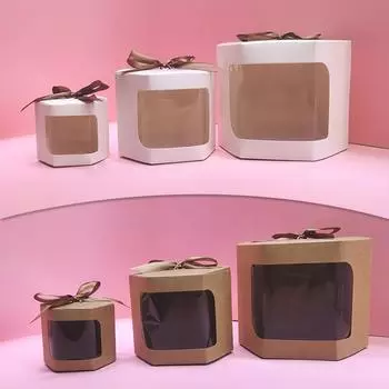 Шестигранная коробка для торта с прозрачным окном, подарочные коробки, упаковочная коробка из крафт-бумаги для конфет, выпечки, печенья, свадебных принадлежностей для дня рождения S