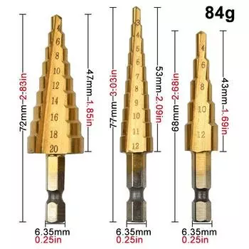 Шестигранный хвостовик с прямым пазом, титановое покрытие, лестничное сверло 3-12/4-12/4-20 мм, маленький набор из 3 шт., сверлильный инструмент в форме пагоды