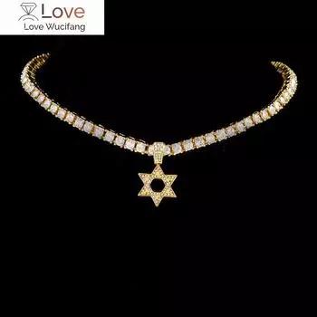 Шестиконечная звезда кулон ожерелье для мужчин Iced Out теннисная цепь кристалл ожерелья для женщин хип-хоп серебряный цвет ювелирные изделия подарок 20inch