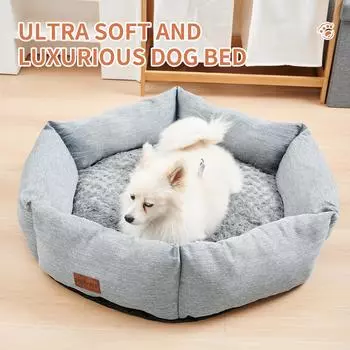 Шестиугольная кровать для собак из розового бархата для маленьких, средних и больших собак, прочный успокаивающий диван для собак, мягкий пушистый меховой плюшевый диван для сна M-70x70x21cm 27.6x27 светло-серый