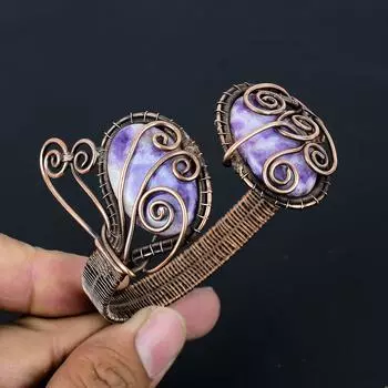 Шеврон Аметист Драгоценный камень Чистая медная проволока Обернутая манжета/браслет ручной работы Ювелирный подарок Adjustable фиолетовый